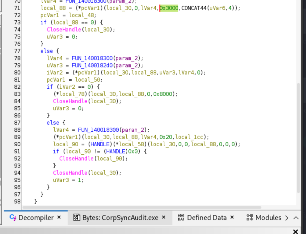 Ghidra decompiler showing remote process injection routine